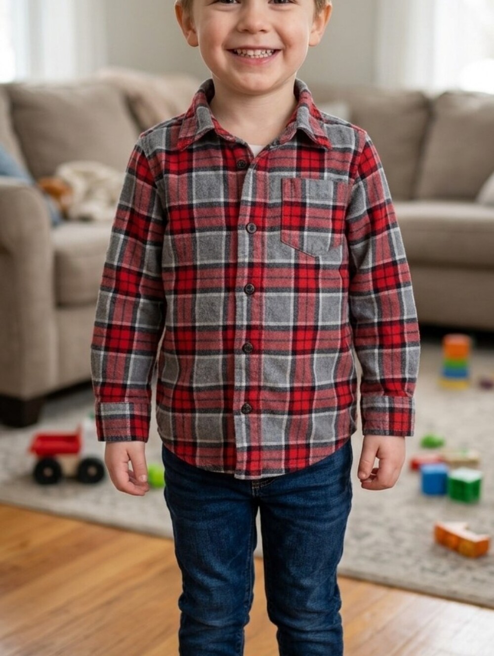 OshKosh B'gosh Boy's Red and Gray Flannel Plaid Button-Down Shirt